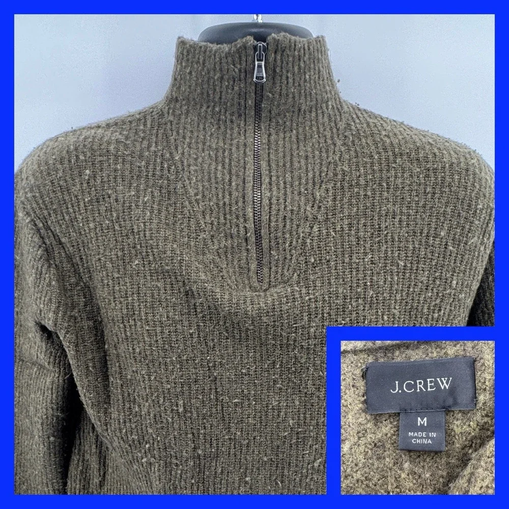 J. Crew Mens 1/4 Zip‎ Sweater Medium Brown Merino Wool Blend Knit Pullover Mock